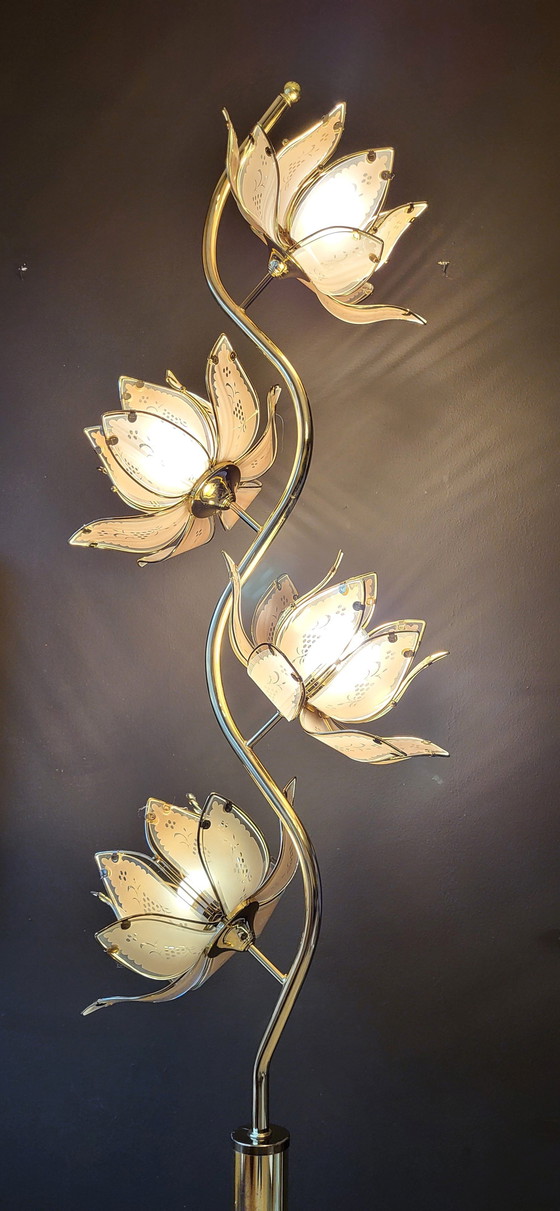 Image 1 of Hollywood Regency Floor Lamp Lotus Flowers