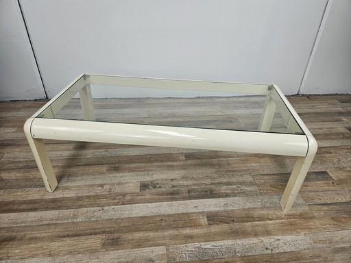 Coffee Table In White Lacquered Wood With Glass Top,