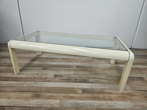 Coffee Table In White Lacquered Wood With Glass Top,