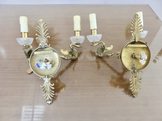 Image 1 of Appliques Lucien Gau, Paris, France, Model "Aux Cygnes", Bronze Gilded with Bright Gold and Crystal