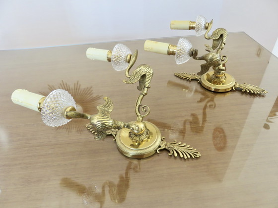 Image 1 of Appliques Lucien Gau, Paris, France, Model "Aux Cygnes", Bronze Gilded with Bright Gold and Crystal