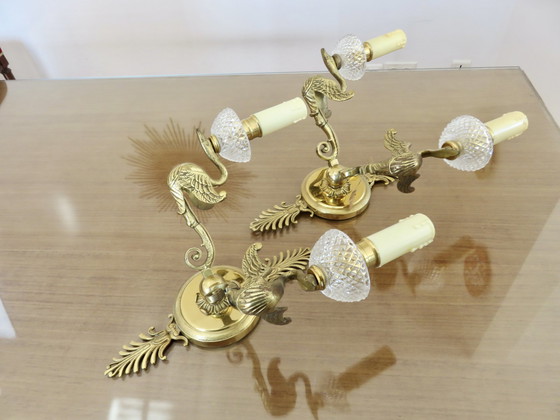 Image 1 of Appliques Lucien Gau, Paris, France, Model "Aux Cygnes", Bronze Gilded with Bright Gold and Crystal