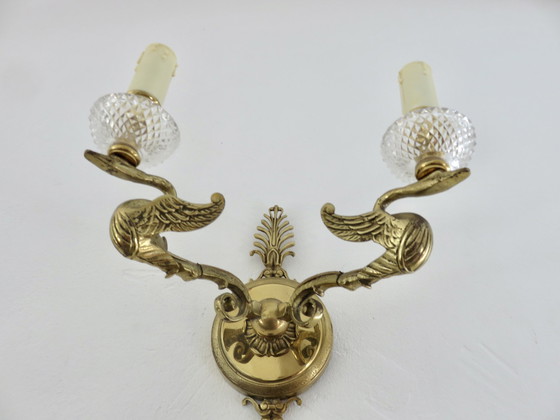 Image 1 of Appliques Lucien Gau, Paris, France, Model "Aux Cygnes", Bronze Gilded with Bright Gold and Crystal