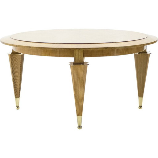 Vintage coffee table in flamed ashwood and brass by André Arbus, 1940