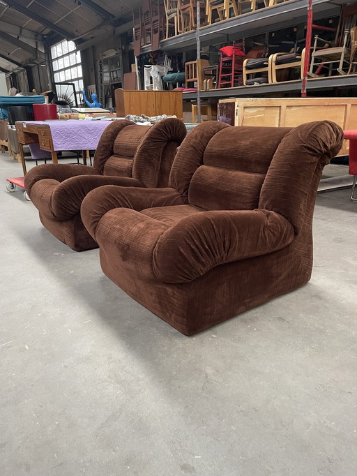 Italian Design Lounge Chairs In Brown Velvet By Mimo Padova