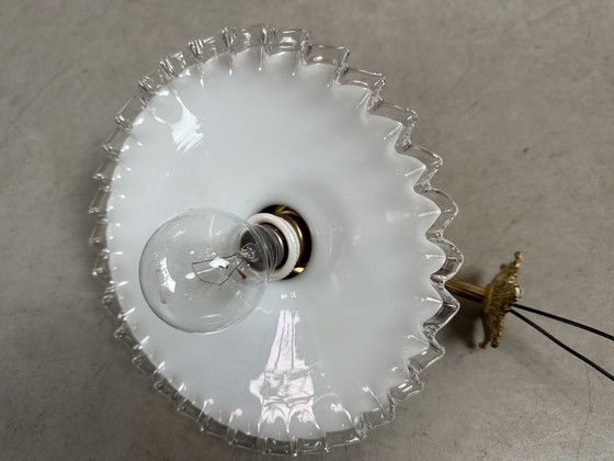 Image 1 of Antique Wall Lamp - Opaline Collared Lamp With Brass Holder