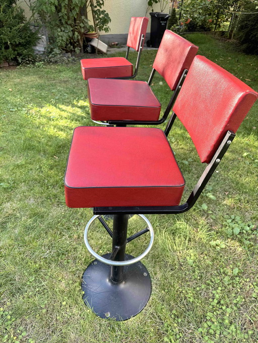 3 Retro Bar Stools With Backrest, Original 60s/70s Cubic Red With Swivel Seat / American Diner Style