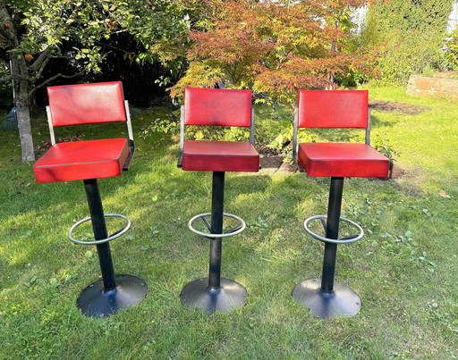 3 Retro Bar Stools With Backrest, Original 60s/70s Cubic Red With Swivel Seat / American Diner Style