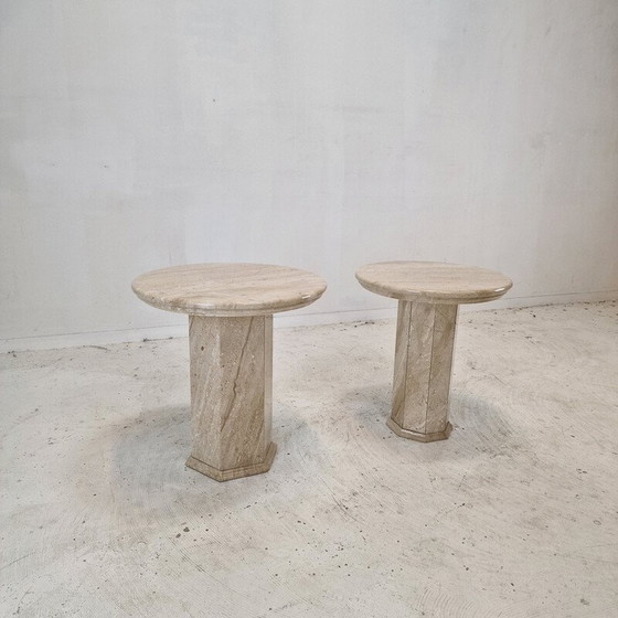 Image 1 of Pair of vintage travertine pedestal tables, Italy 1980