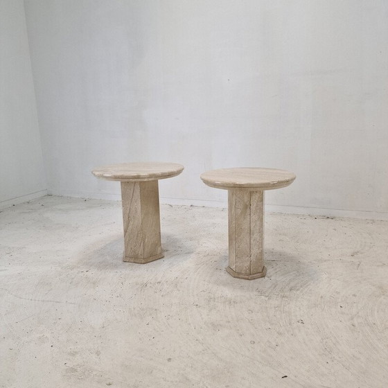Image 1 of Pair of vintage travertine pedestal tables, Italy 1980