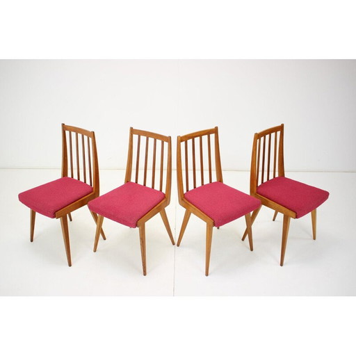 Set of 4 vintage wood and fabric chairs, Czechoslovakia 1960