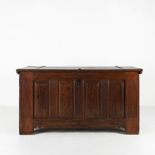 Large Antique William Iii Oak Trunk, Ca. 1700