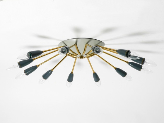 Image 1 of Bellissima lampada da soffitto Sputnik in ottone, stile Mid-Century Modern, a 12 bracci
