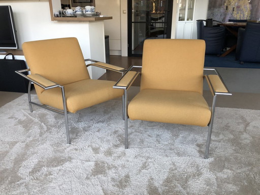 2X Gelderland Armchairs 4735, Design By Designer Gerard Vollenbrock. In yellow ochre fabric. Frame in very good condition.