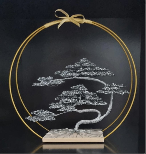 Wire Bonsai With Wooden Base