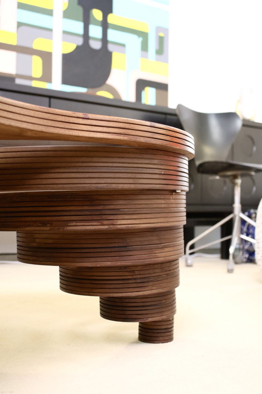 Tripod coffee table, Rosewood veneer, Smoked glass.