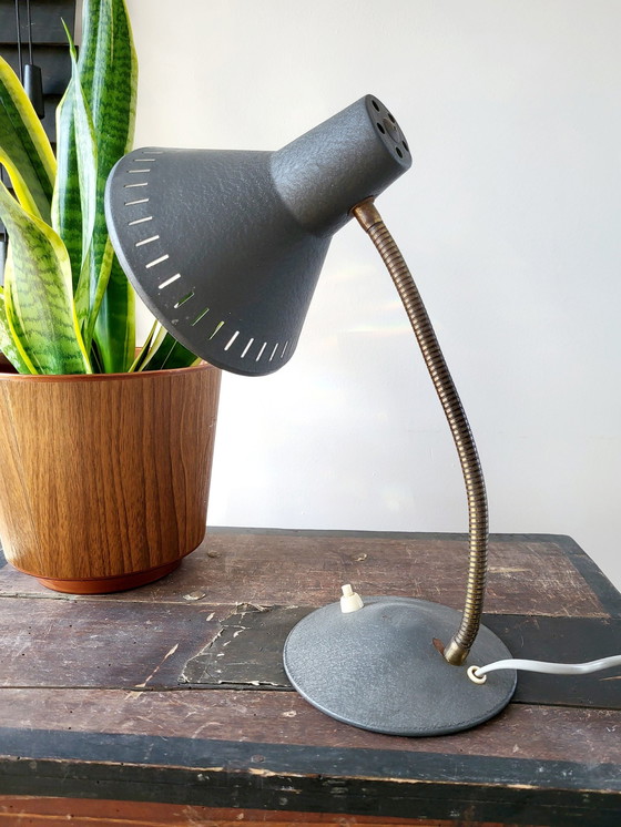 Image 1 of Vintage Desk Lamp, Metal Gray And Brass Movable Arm, Witch's Hat, 1960s