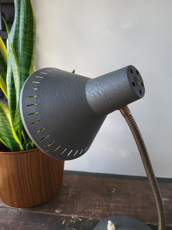 Image 1 of Vintage Desk Lamp, Metal Gray And Brass Movable Arm, Witch's Hat, 1960s
