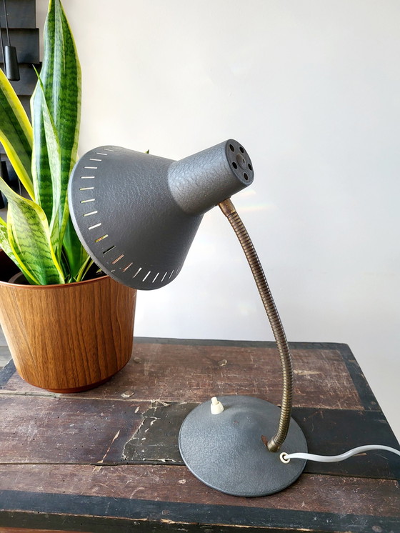 Image 1 of Vintage Desk Lamp, Metal Gray And Brass Movable Arm, Witch's Hat, 1960s