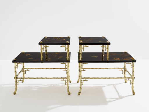 Maison Baguès bamboo bronze chinoiserie lacquered end tables 1940s