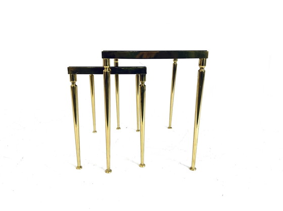 Image 1 of Set of Side Tables Brass & Smoked Glass