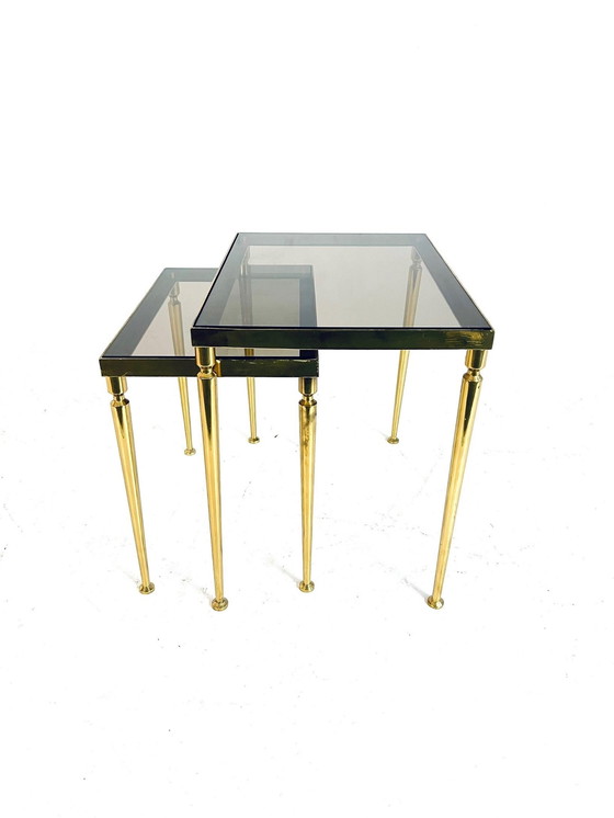 Image 1 of Set of Side Tables Brass & Smoked Glass