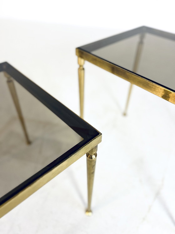 Image 1 of Set of Side Tables Brass & Smoked Glass