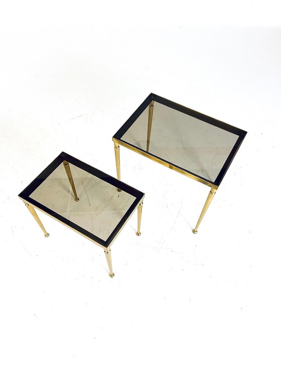 Image 1 of Set of Side Tables Brass & Smoked Glass