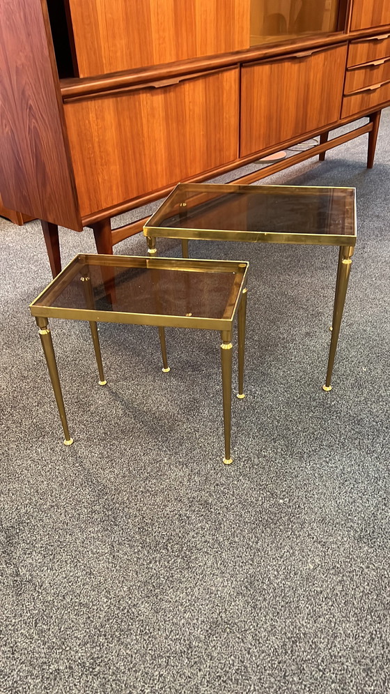 Image 1 of Set of Side Tables Brass & Smoked Glass