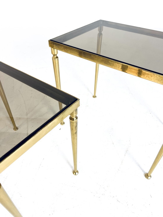 Image 1 of Set of Side Tables Brass & Smoked Glass