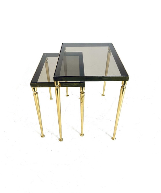 Image 1 of Set of Side Tables Brass & Smoked Glass