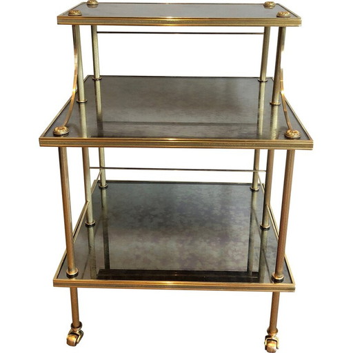 Vintage brass and mirrored trolley with 3 shelves from Maison Jansen, 1940s