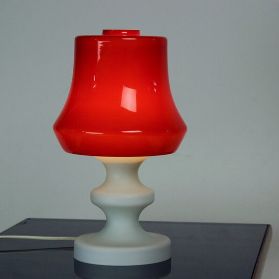 Image 1 of Vintage red and white opaline glass table lamp by Stefan Tabery for Opp Jihlava, 1960