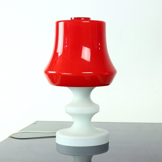 Image 1 of Vintage red and white opaline glass table lamp by Stefan Tabery for Opp Jihlava, 1960