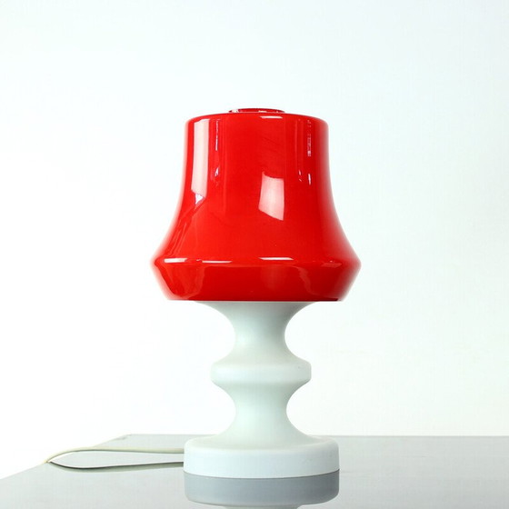 Image 1 of Vintage red and white opaline glass table lamp by Stefan Tabery for Opp Jihlava, 1960