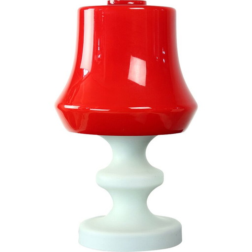 Vintage red and white opaline glass table lamp by Stefan Tabery for Opp Jihlava, 1960