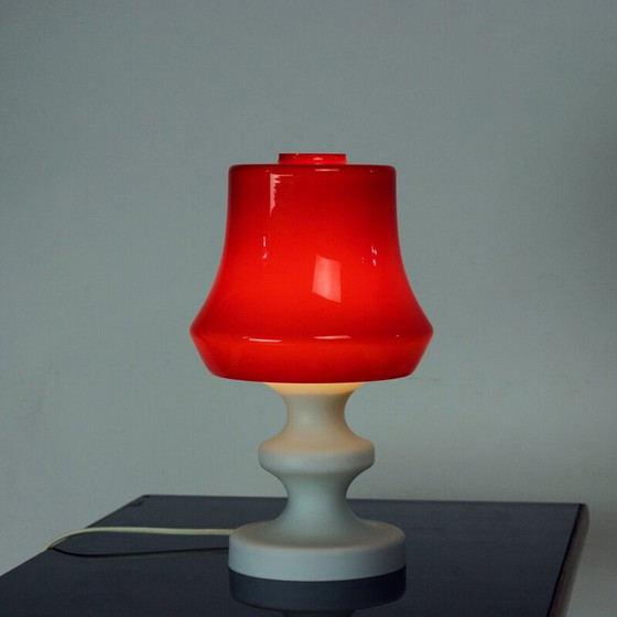 Image 1 of Vintage red and white opaline glass table lamp by Stefan Tabery for Opp Jihlava, 1960