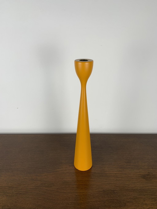 Large Candle Holder In Orange-Yellow Lacquered Wood