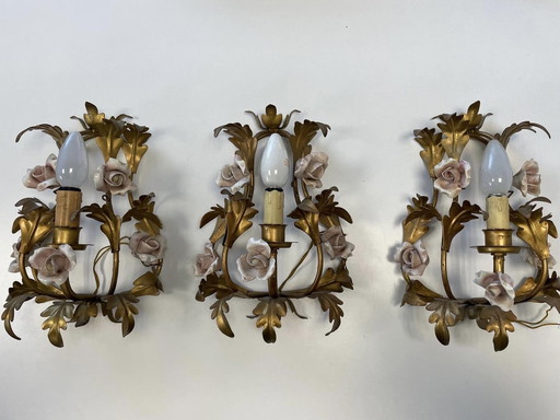 Hollywood Regency Wall Lights Brass And Ceramic