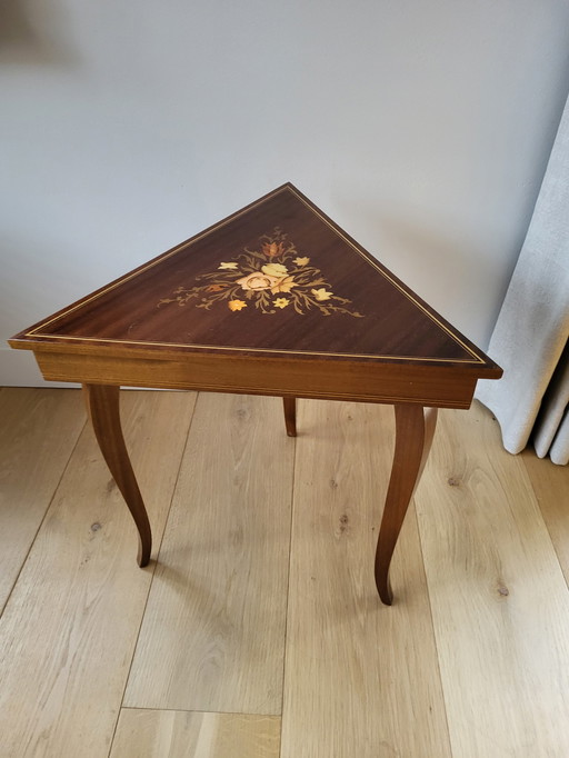 Italian triangular music table with Swiss music box, Italy, 1970s