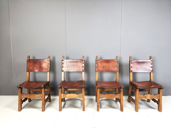 Image 1 of Vintage Brutalist Leather Spanish Dining Chairs, 1960S