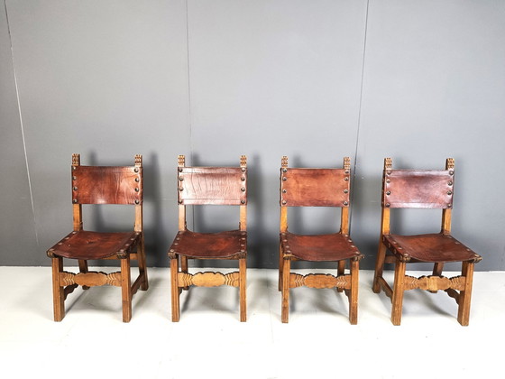 Image 1 of Vintage Brutalist Leather Spanish Dining Chairs, 1960S