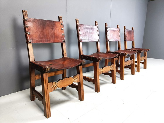 Image 1 of Vintage Brutalist Leather Spanish Dining Chairs, 1960S
