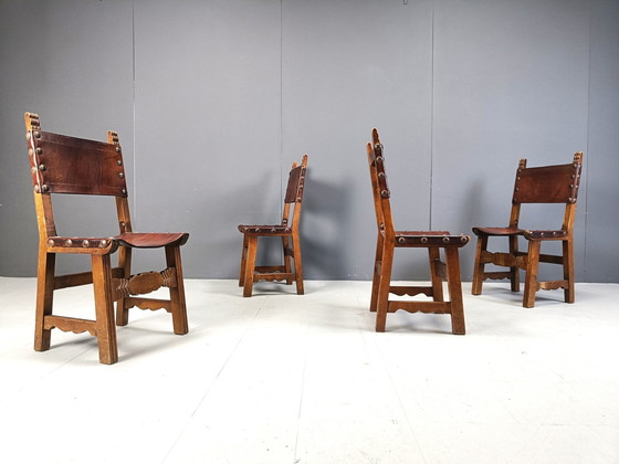 Image 1 of Vintage Brutalist Leather Spanish Dining Chairs, 1960S
