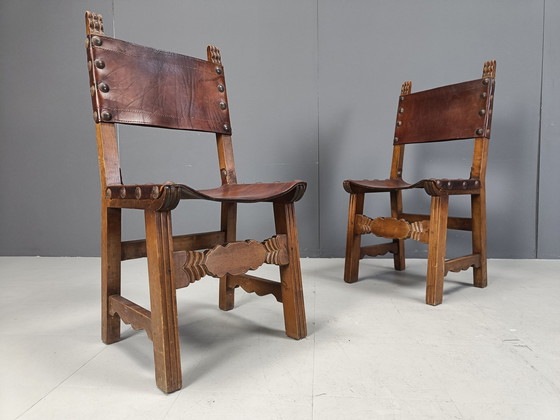Image 1 of Vintage Brutalist Leather Spanish Dining Chairs, 1960S