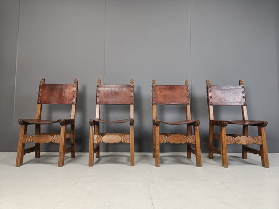 Image 1 of Vintage Brutalist Leather Spanish Dining Chairs, 1960S