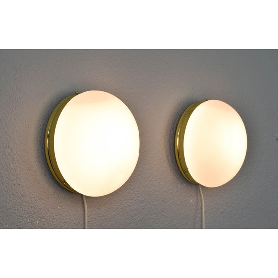 Image 1 of Pair of vintage metalarte brass and opaline glass wall lamp, Spain 1970