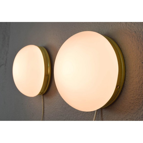 Image 1 of Pair of vintage metalarte brass and opaline glass wall lamp, Spain 1970