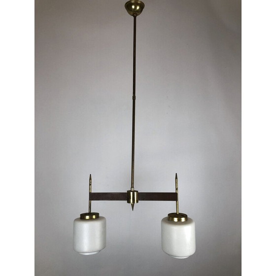 Image 1 of Vintage chandelier with two lights in brass wood and opaline, Italy 1950