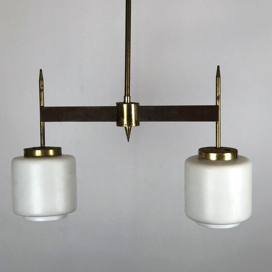 Image 1 of Vintage chandelier with two lights in brass wood and opaline, Italy 1950